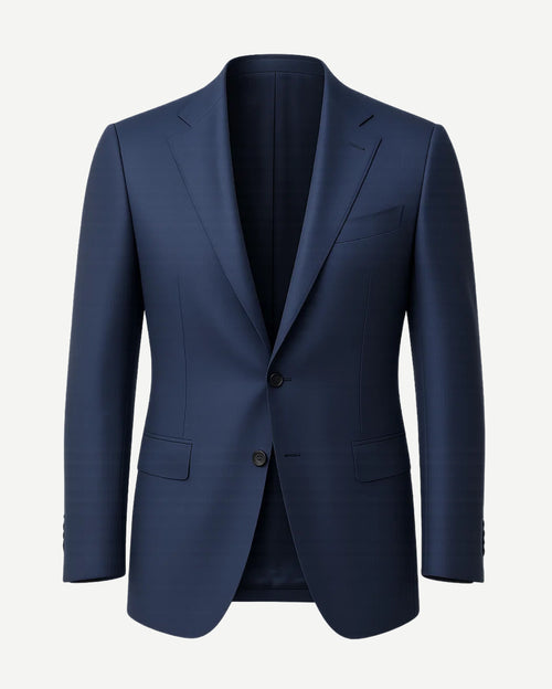 Men's Loro Piana Navy Blue Blazer showcasing a refined two-button design with notch lapels, flap pockets, and subtle tonal patterning in luxurious navy fabric for sophisticated menswear.