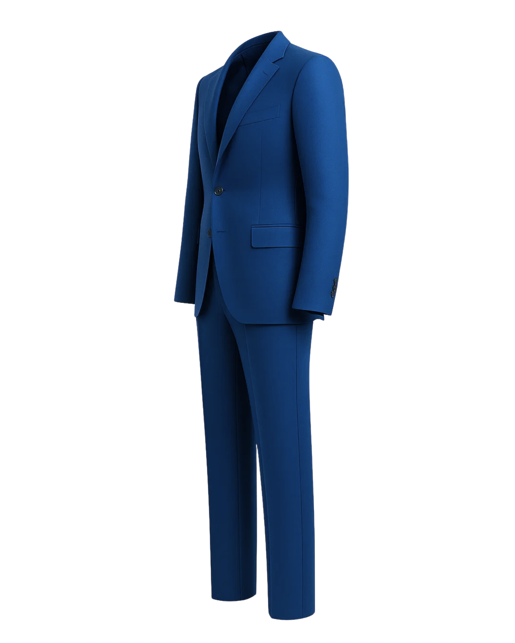 Men's Loro Piana Navy Slim Suit showcasing a striking deep blue tailored blazer with peak lapels, two-button closure, flap pockets, and matching slim-fit trousers in luxurious fabric.