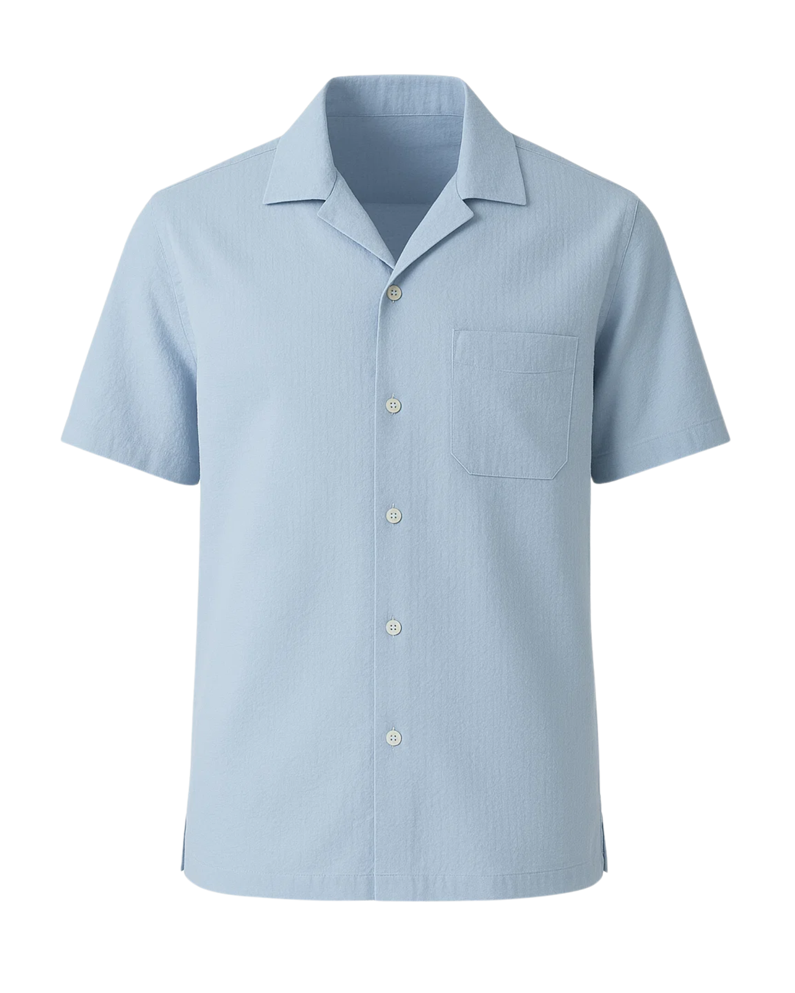 Men's Loro Piana Polo Grounds Blue Seersucker Camp Shirt featuring a relaxed fit with short sleeves, a classic camp collar, front chest pocket, and lightweight textured blue seersucker fabric for refined leisure dressing.