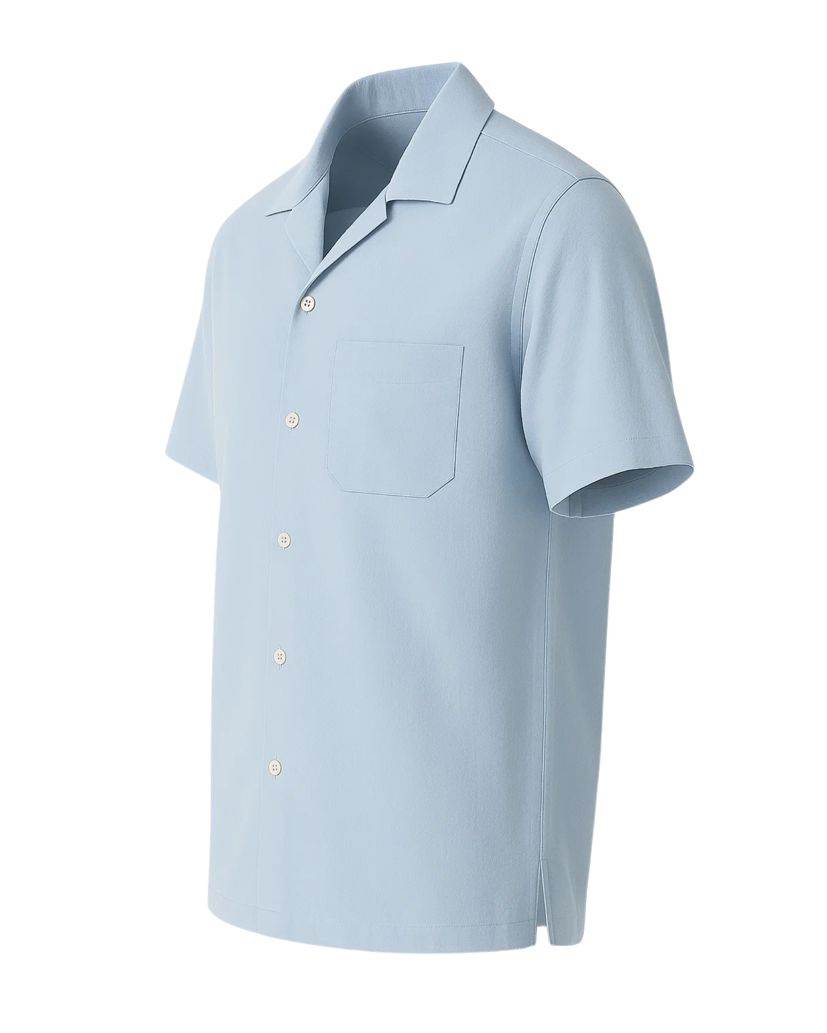 Men's Loro Piana Polo Grounds Blue Seersucker Camp Shirt featuring a relaxed silhouette with short sleeves, front chest pocket, and a lightweight textured blue fabric ideal for refined leisure dressing.