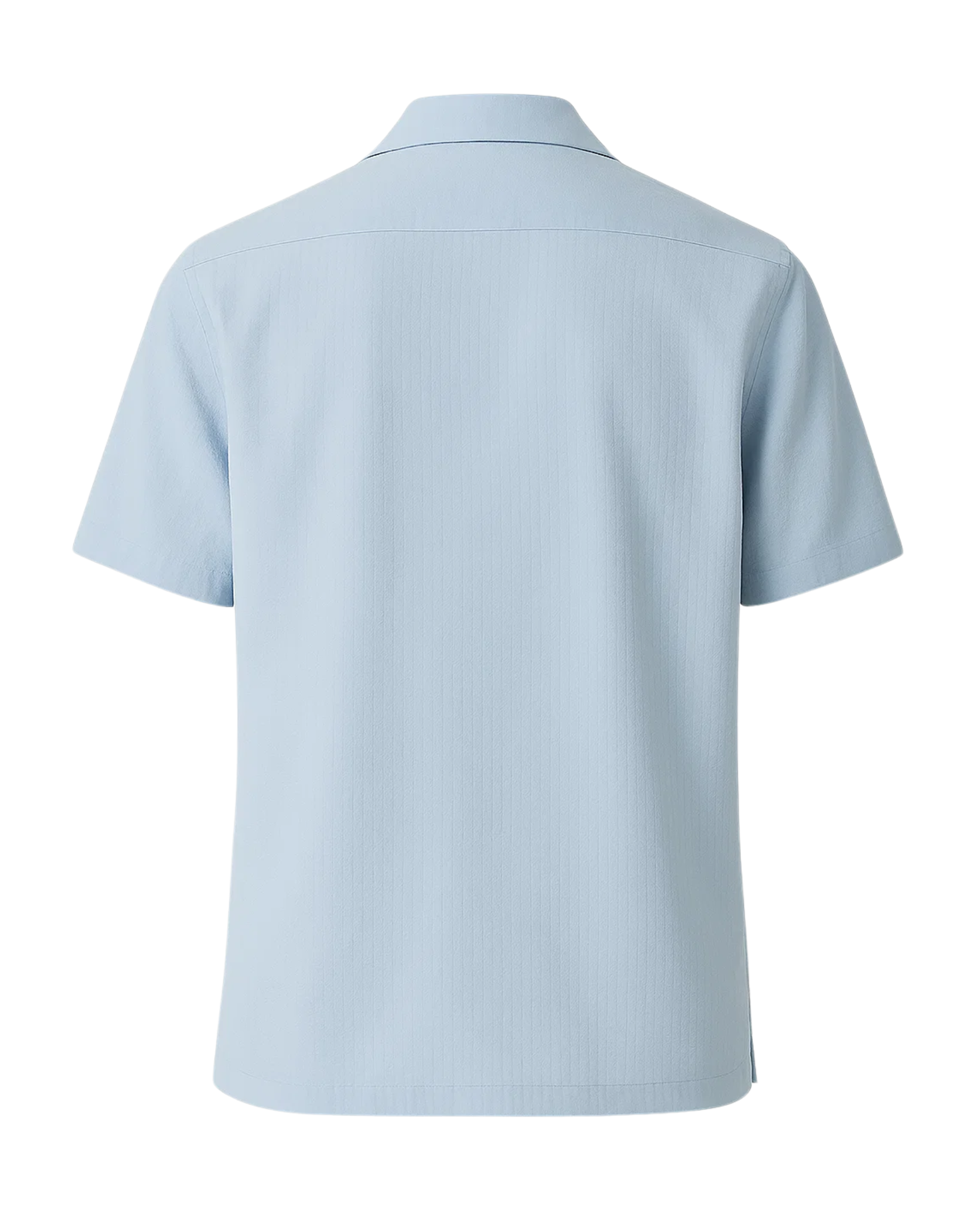 Men's Loro Piana Polo Grounds Blue Seersucker Camp Shirt shown from the back, featuring a lightweight textured blue fabric with short sleeves and a relaxed fit for refined leisure dressing.