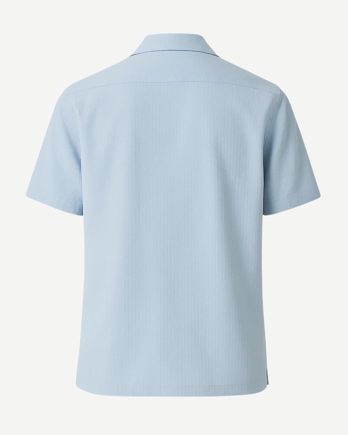 Men's Loro Piana Polo Grounds Blue Seersucker Camp Shirt shown from the back, featuring a lightweight textured blue fabric with short sleeves and a relaxed fit for refined leisure dressing.