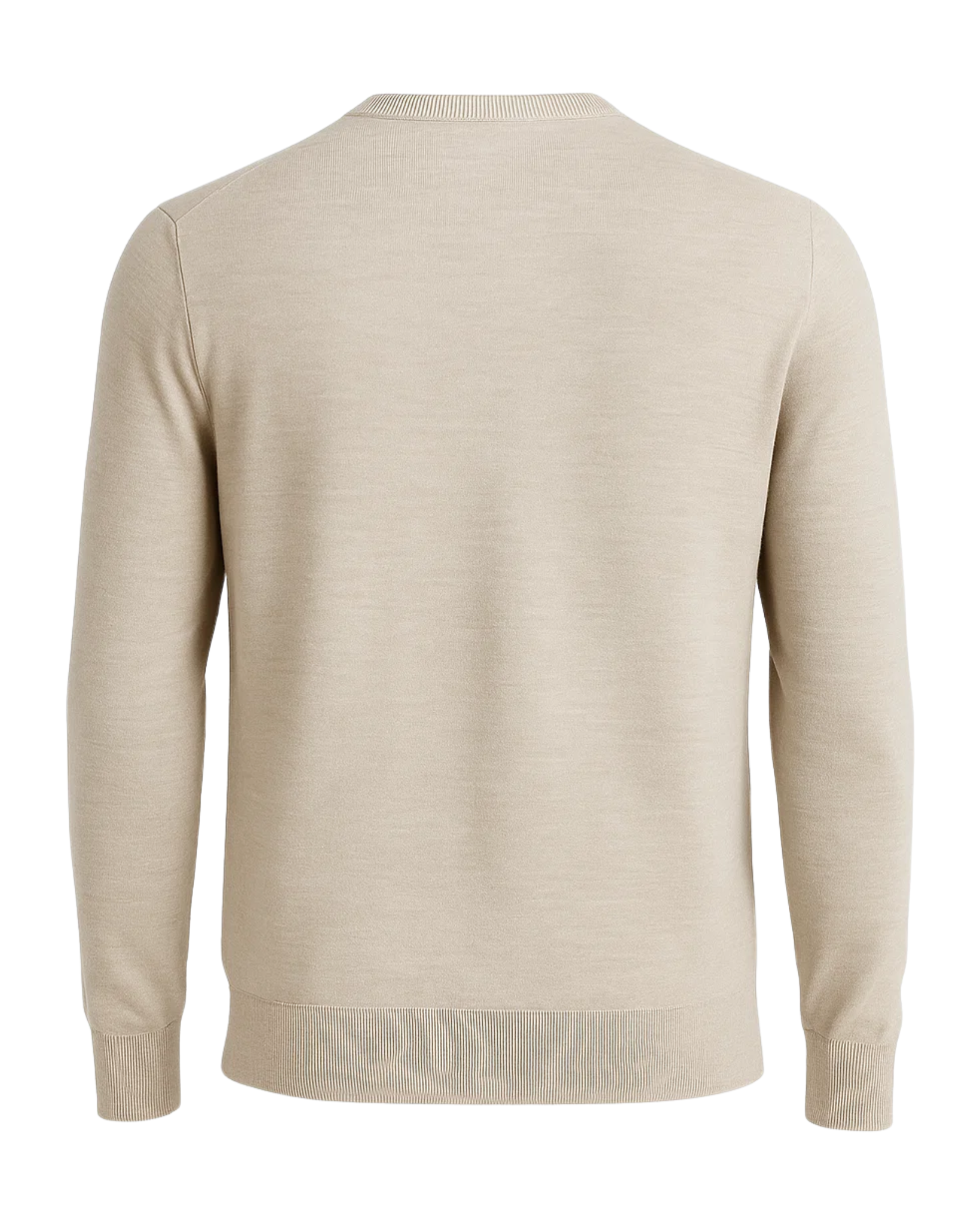 Men's Loro Piana Ocean Drive Beige Silk Cashmere Crew Sweater shown from the back, featuring a soft beige shade, finely knit fabric, ribbed cuffs, hem, and classic crew neckline for luxurious leisurewear.
