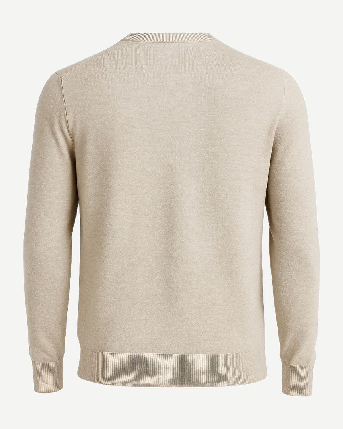 Men's Loro Piana Ocean Drive Beige Silk Cashmere Crew Sweater shown from the back, featuring a soft beige shade, finely knit fabric, ribbed cuffs, hem, and classic crew neckline for luxurious leisurewear.