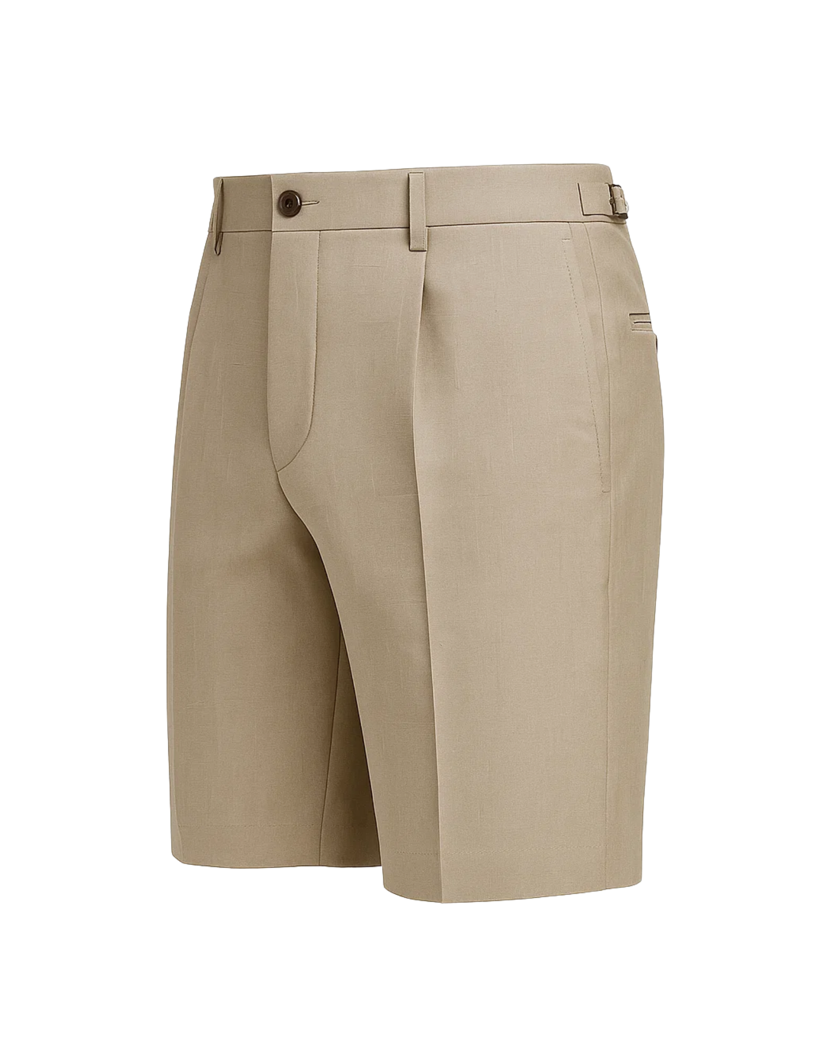 Men's Loro Piana Whitby Beige Tropical Wool Tailored Shorts in a light beige tone, featuring pleats, side adjusters, belt loops, and a sleek tailored fit for luxury summer suiting.