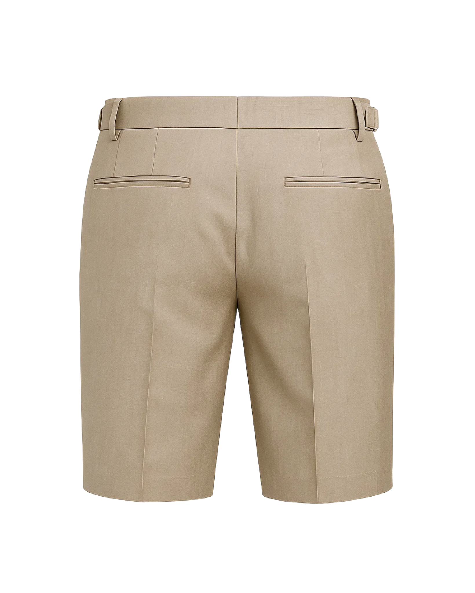 Men's Loro Piana Whitby Beige Tropical Wool Tailored Shorts shown from the back, crafted in lightweight tropical wool with a tailored fit, belt loops, side adjusters, and welt pockets for refined summer suiting.