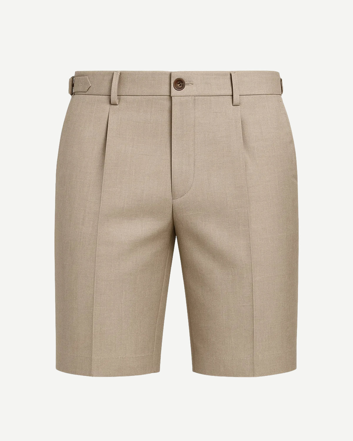 Men's Loro Piana Whitby Beige Tropical Wool Tailored Shorts in a soft beige tone, featuring a refined tailored fit with pleats, belt loops, and a button closure for elegant summer suiting.
