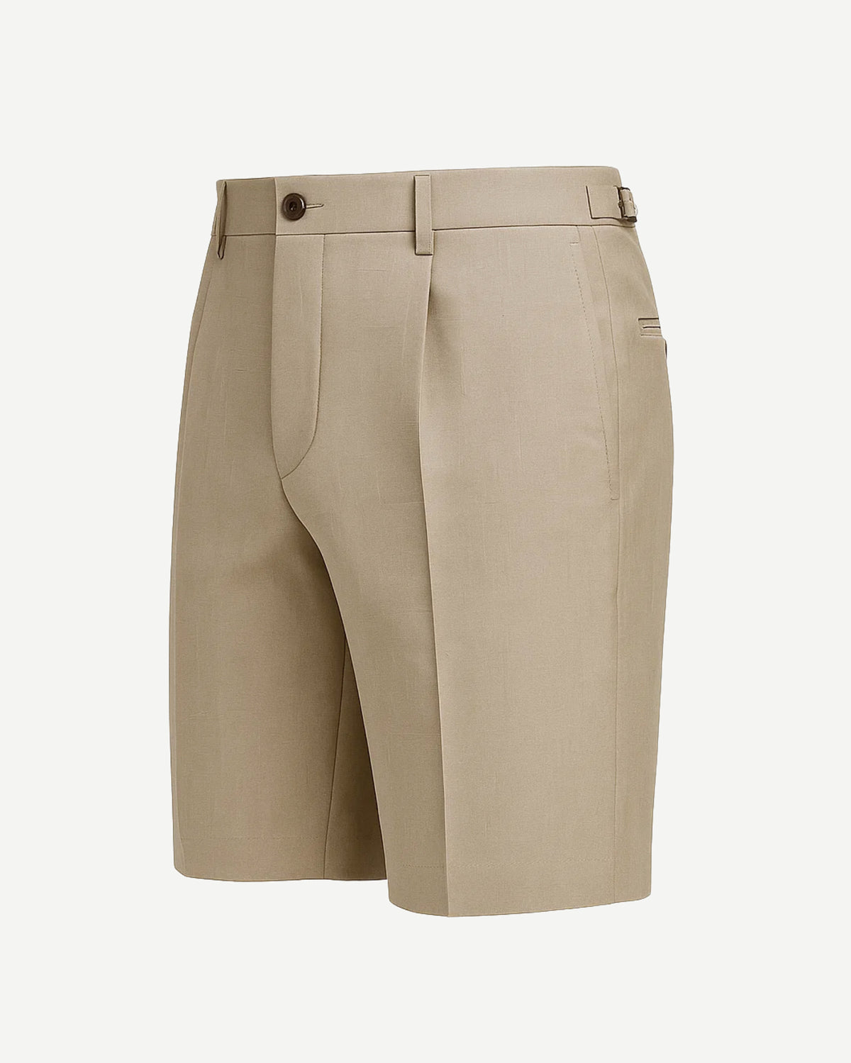 Men's Loro Piana Whitby Beige Tropical Wool Tailored Shorts in a light beige tone, featuring pleats, side adjusters, belt loops, and a sleek tailored fit for luxury summer suiting.