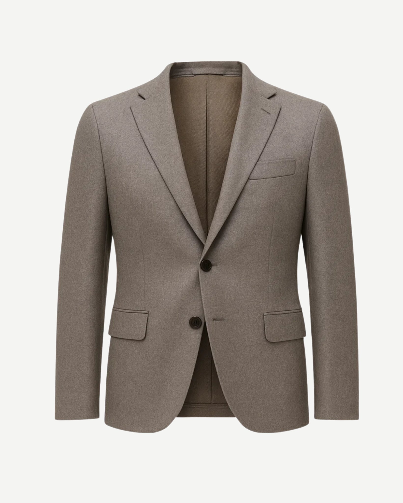 Men's Taupe Brown Classic Tailored Blazer with a two-button front, notch lapels, flap pockets, and a slim fit crafted from smooth taupe brown fabric for timeless menswear.