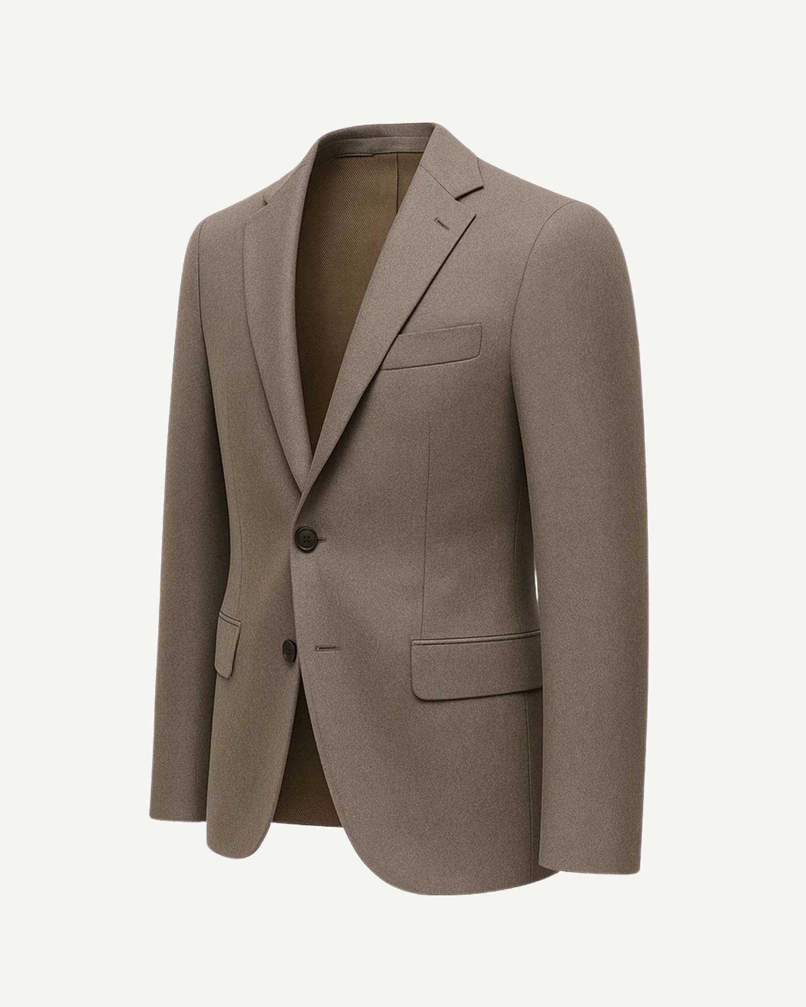 Men's Taupe Brown Classic Tailored Blazer with a structured two-button front, notch lapels, flap pockets, and a slim, elegant fit crafted from rich taupe fabric for refined menswear.
