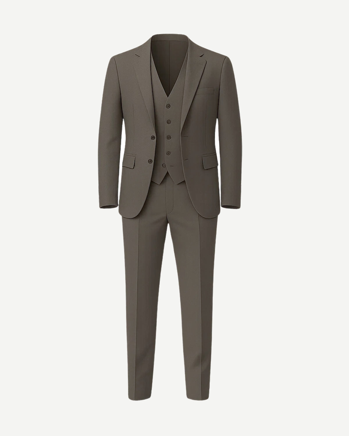 Men's Taupe Brown Three Piece Suit Set displayed front view, featuring a tailored blazer, matching vest with button closure, and slim-fit trousers crafted from smooth taupe fabric for refined menswear.