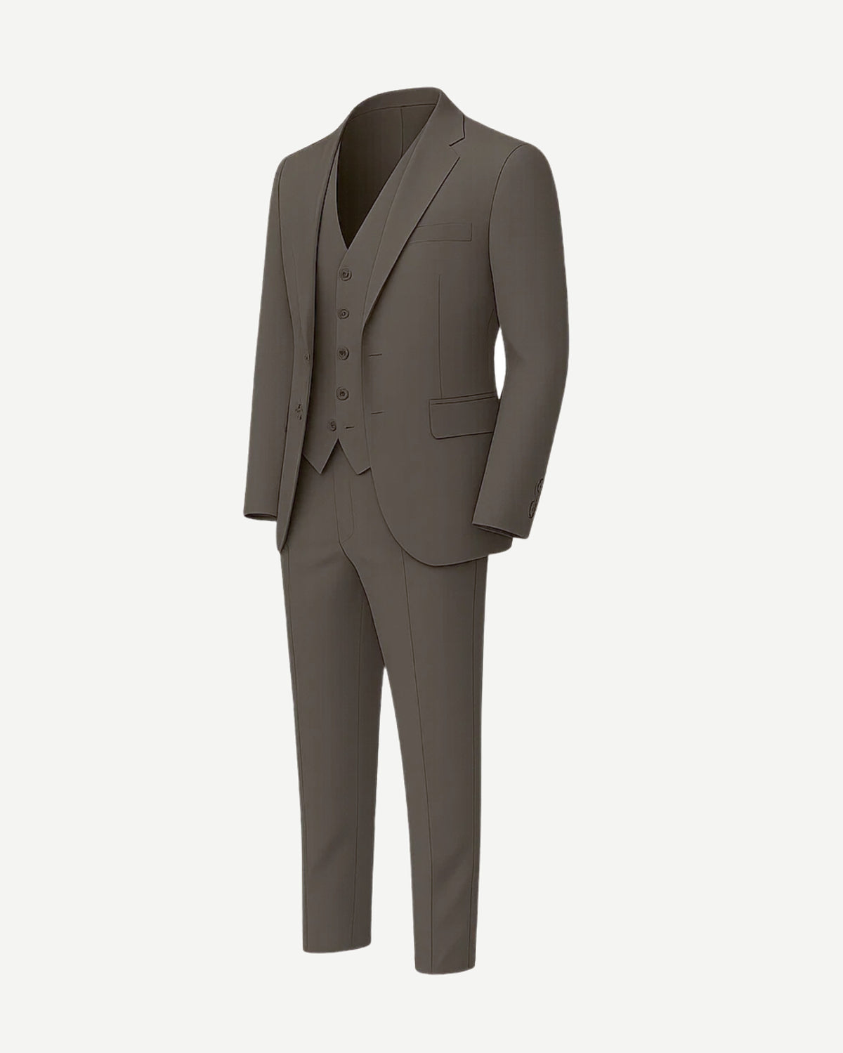 Men's Taupe Brown Three Piece Suit Set featuring a tailored blazer, buttoned vest, and slim-fit trousers in a smooth taupe fabric for a sophisticated formal look.
