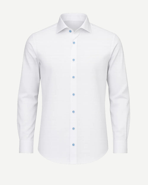 Men's White Classic Dress Shirt featuring a tailored fit with a crisp collar, long sleeves with buttoned cuffs, and subtle blue buttons for a refined and polished look.