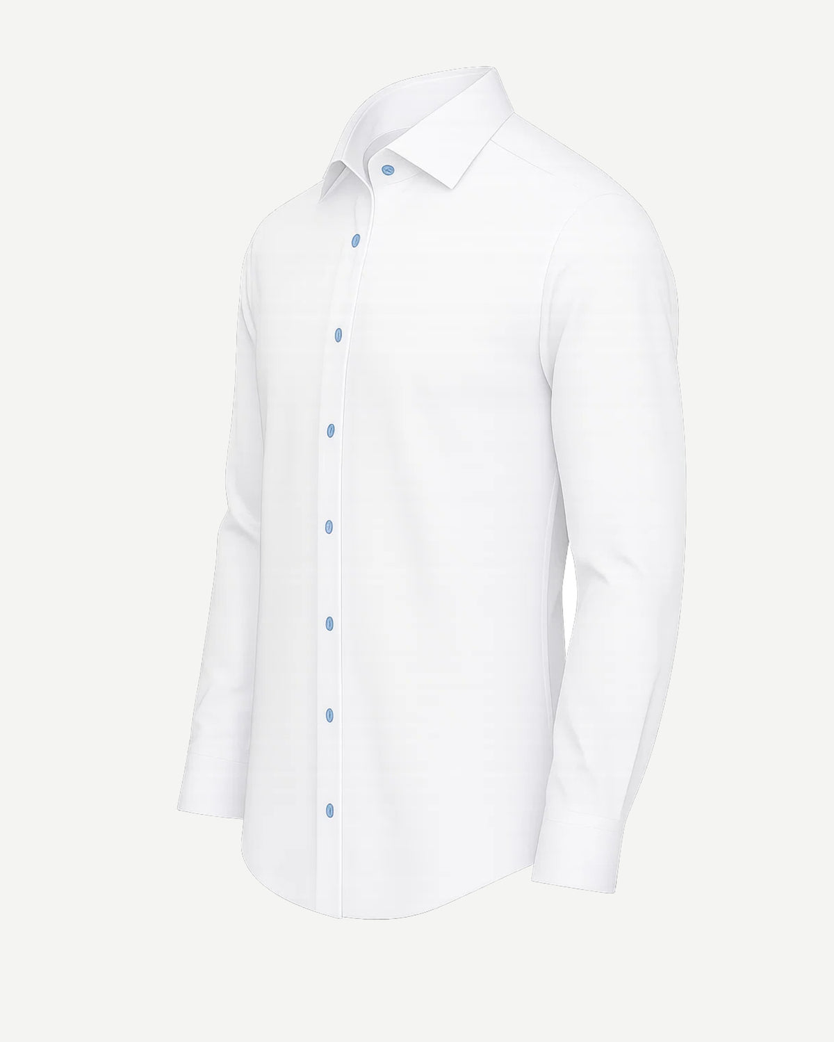 Men's White Classic Dress Shirt with a slim fit, featuring a crisp pointed collar, long sleeves with buttoned cuffs, and contrasting light blue buttons for a modern refined look.