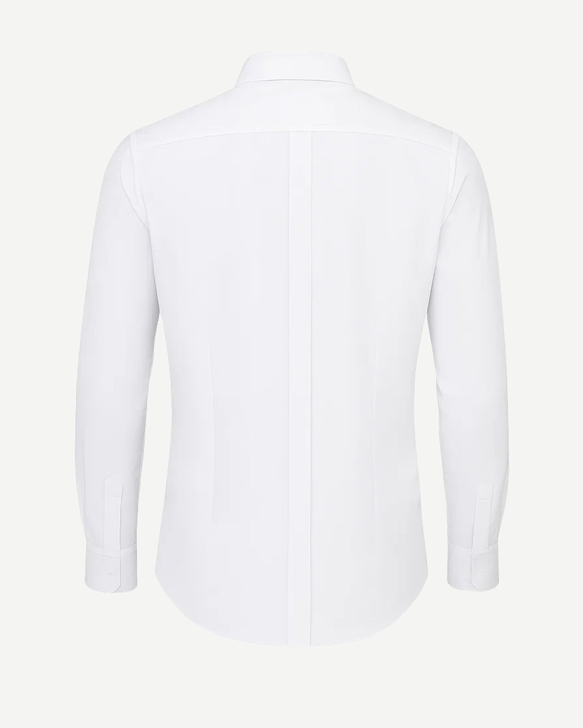 Men's White Classic Dress Shirt shown from the back, highlighting a clean, smooth fabric with long sleeves, buttoned cuffs, and a tailored fit for a sleek, formal look.