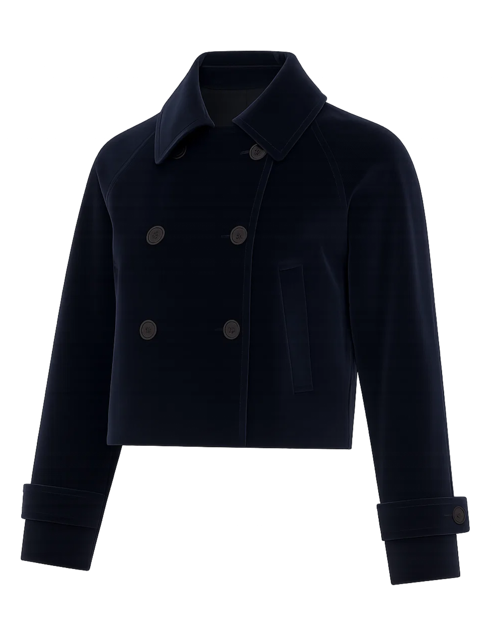 Midnight Blue Loro Piana Cotton Velvet Cropped Trench Coat featuring a double-breasted front, structured collar, and tailored cuffs in rich, soft velvet fabric for sophisticated outerwear.