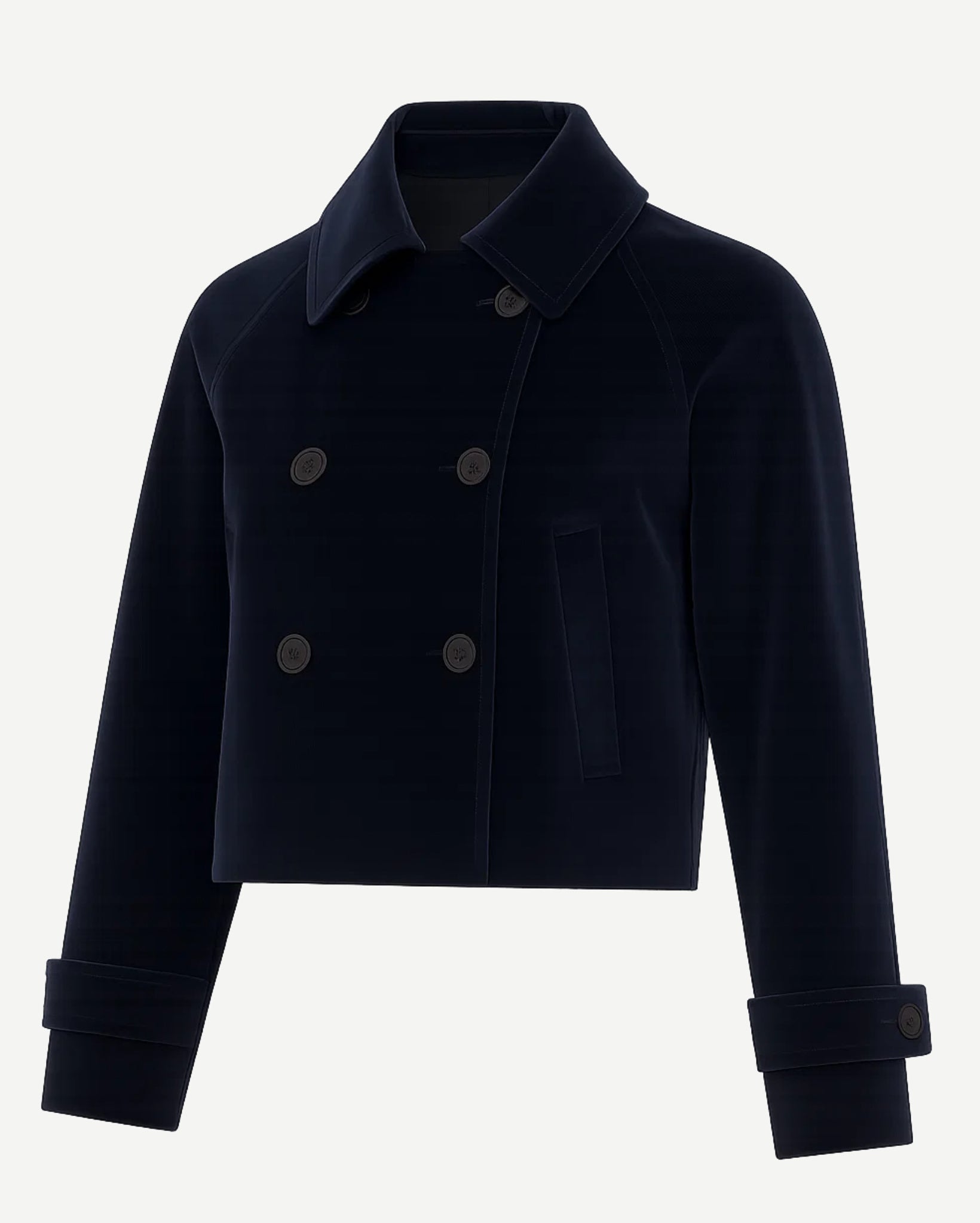 Midnight Blue Loro Piana Cotton Velvet Cropped Trench Coat featuring a double-breasted front, structured collar, and tailored cuffs in rich, soft velvet fabric for sophisticated outerwear.