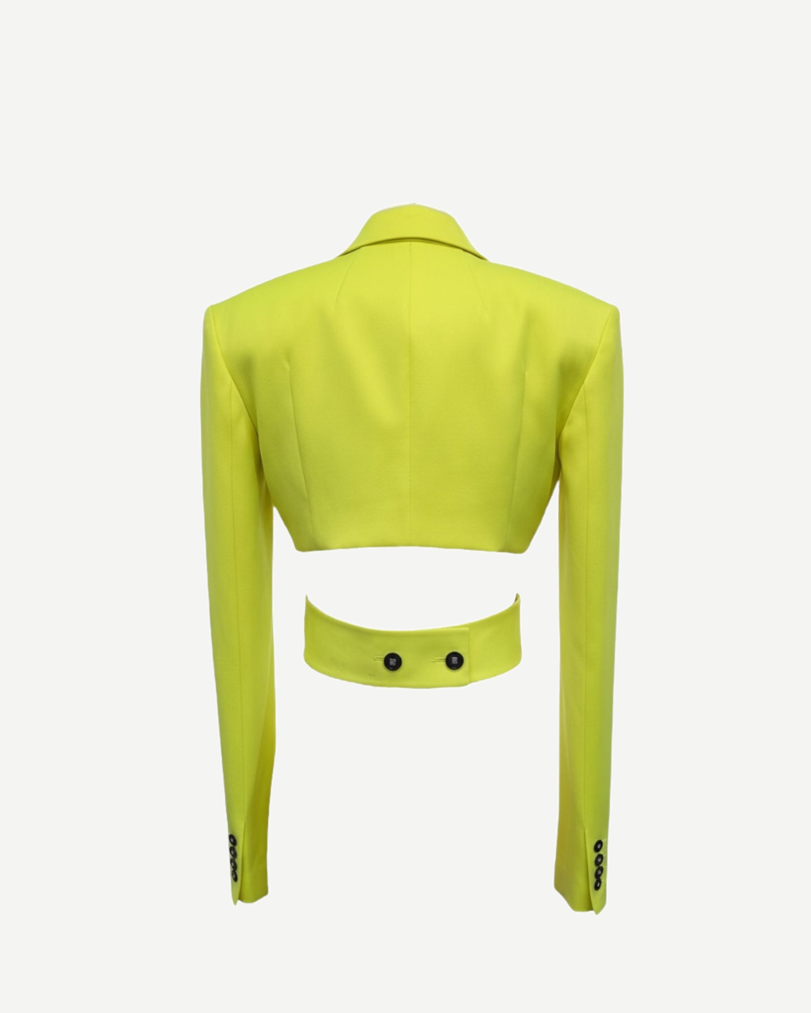 Tailory neon yellow cropped blazer with wrap-back cutout view