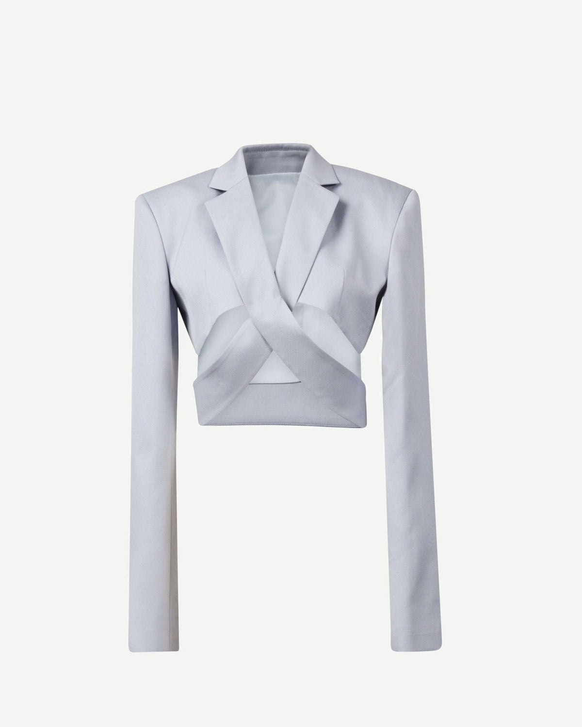 Tailory white wool-silk cutout blazer with cropped silhouette and crossover front panels