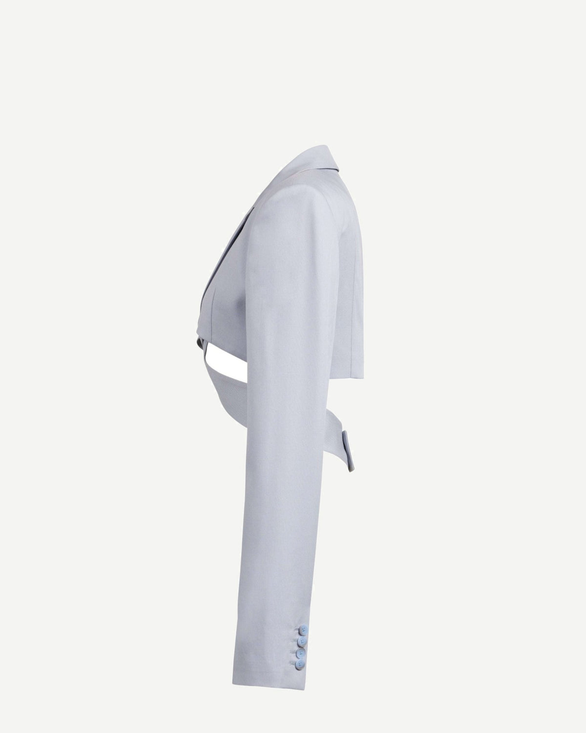 Tailory cutout wool-silk blazer side view showing cropped modern silhouette