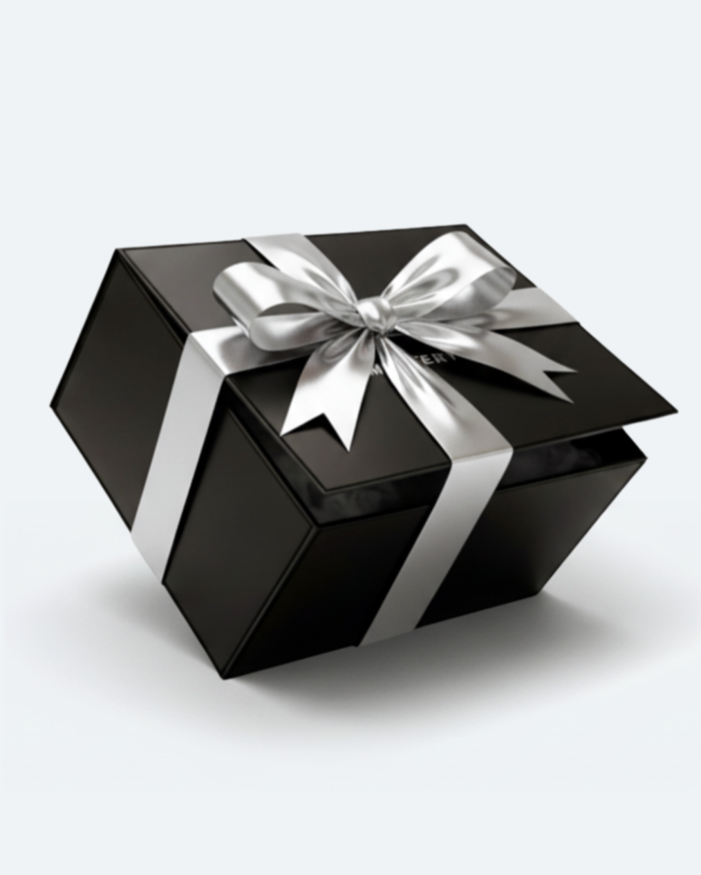Black gift box with a partially open lid, wrapped in a shiny silver ribbon tied into a bow, representing the Mystery Gift (100% off) offering.