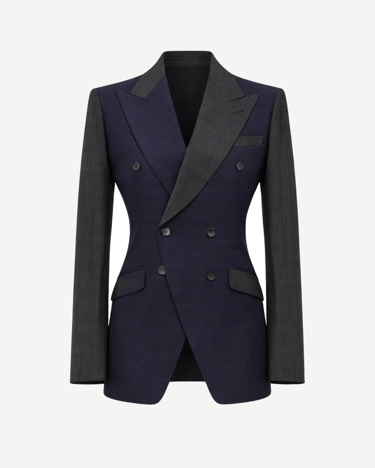 Tailory blue and grey peak-lapel jacket with red horizontal pinstripe front view