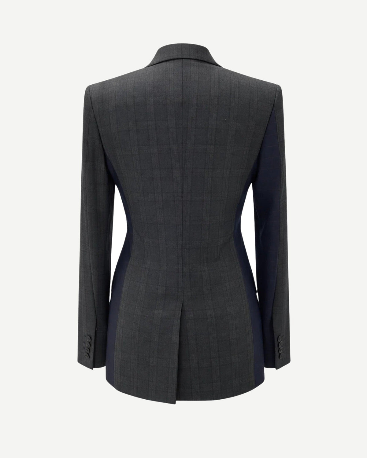 Tailory blue and grey peak-lapel jacket with red horizontal pinstripe back view