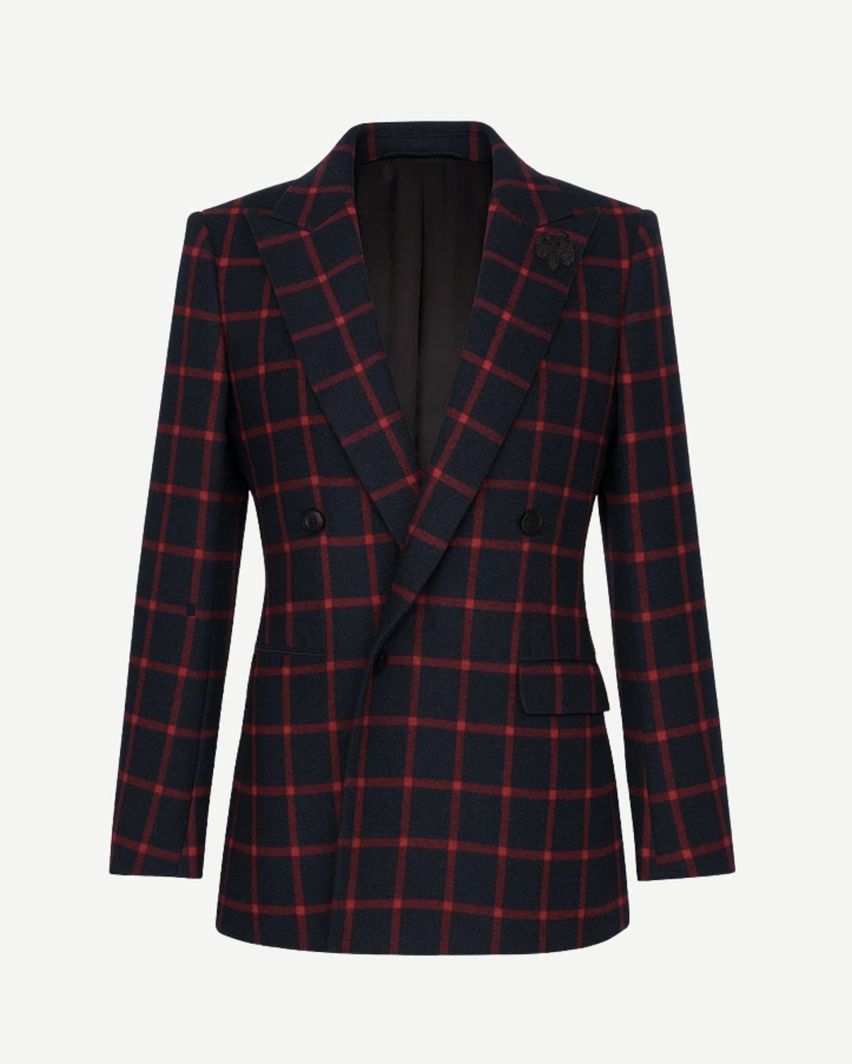 Tailory navy/red windowpane double-breasted peak-lapel blazer front view