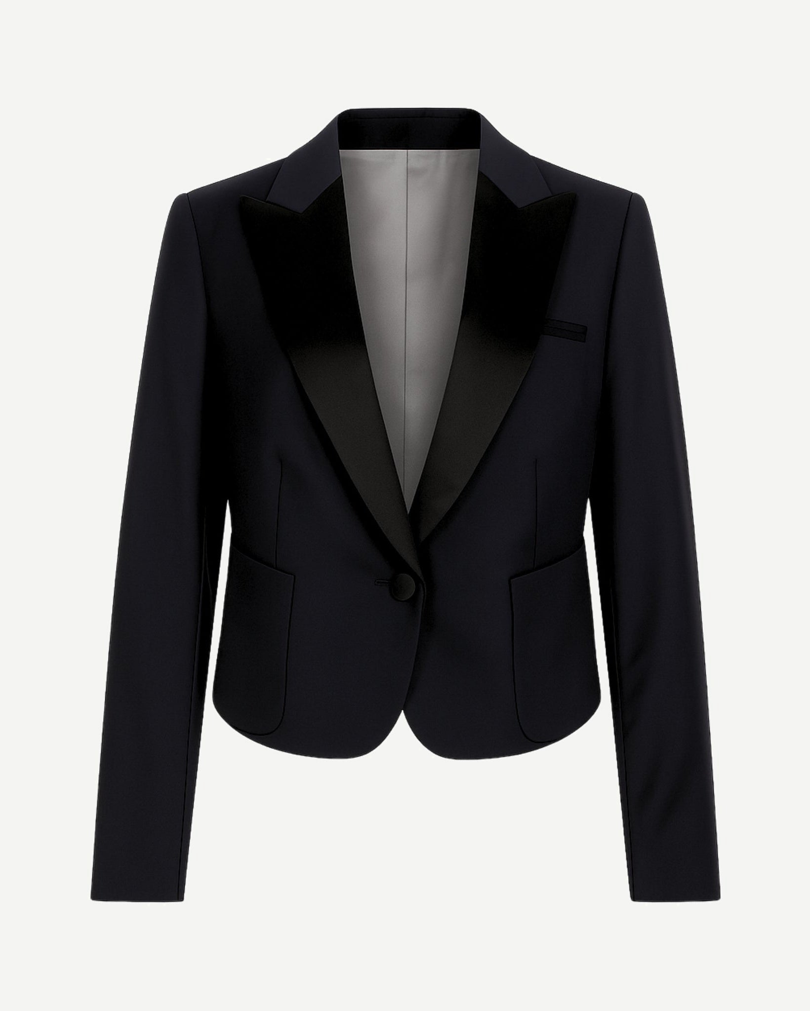 Black Cropped Blazer Formal Tuxedo Jacket Satin Lapels featuring a tailored cropped fit, smooth satin peak lapels, single-button closure, and front flap pockets for refined formalwear.