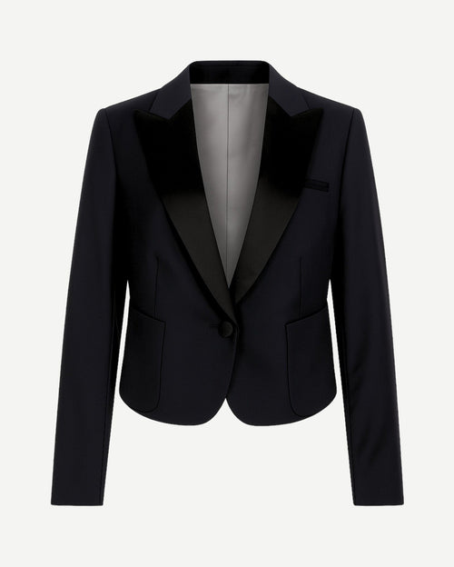 Black Cropped Blazer Formal Tuxedo Jacket Satin Lapels featuring a tailored cropped fit, smooth satin peak lapels, single-button closure, and front flap pockets for refined formalwear.