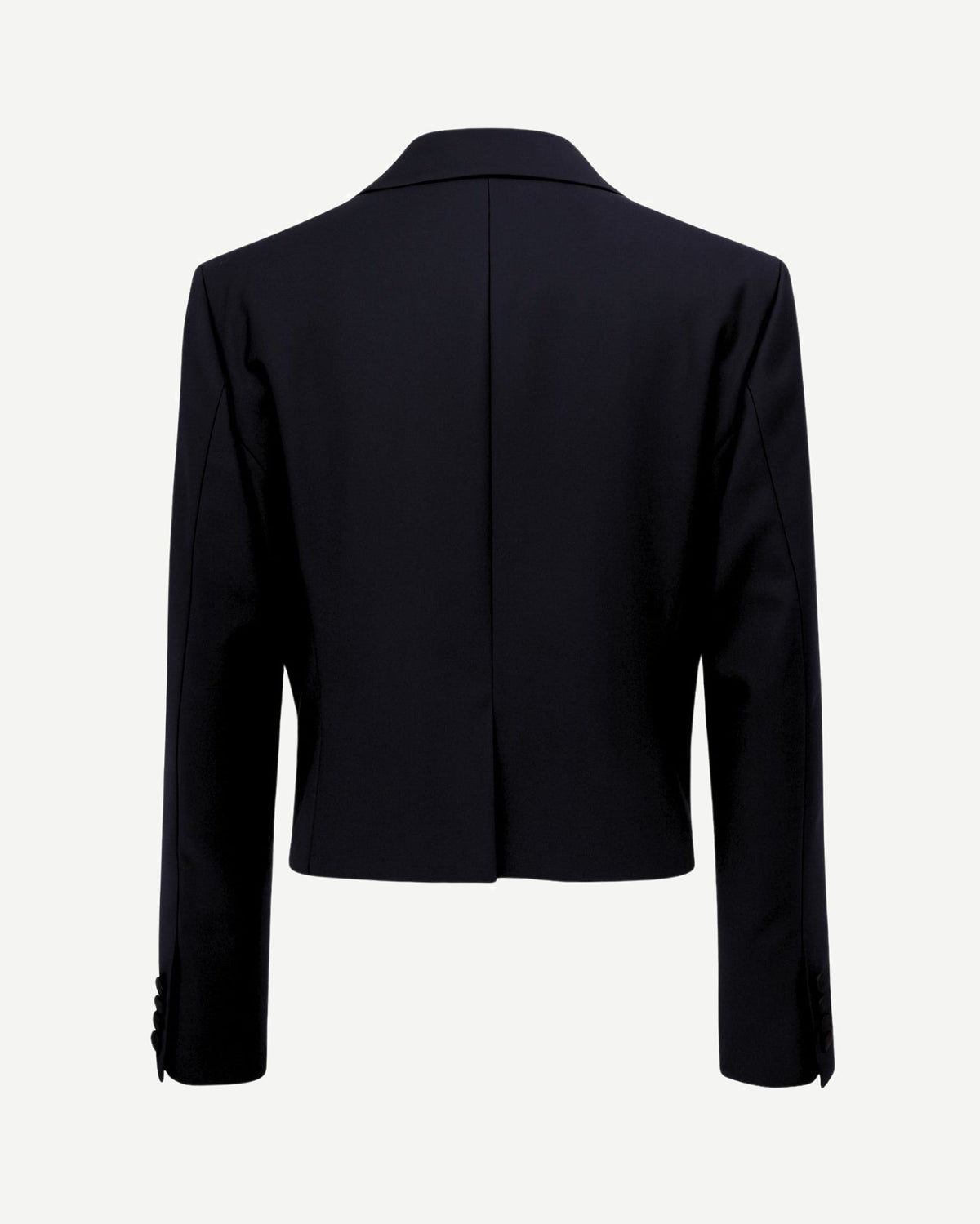 Black Cropped Blazer Formal Tuxedo Jacket Satin Lapels shown from the back, featuring a tailored cropped silhouette with structured shoulders and long sleeves for refined formalwear.