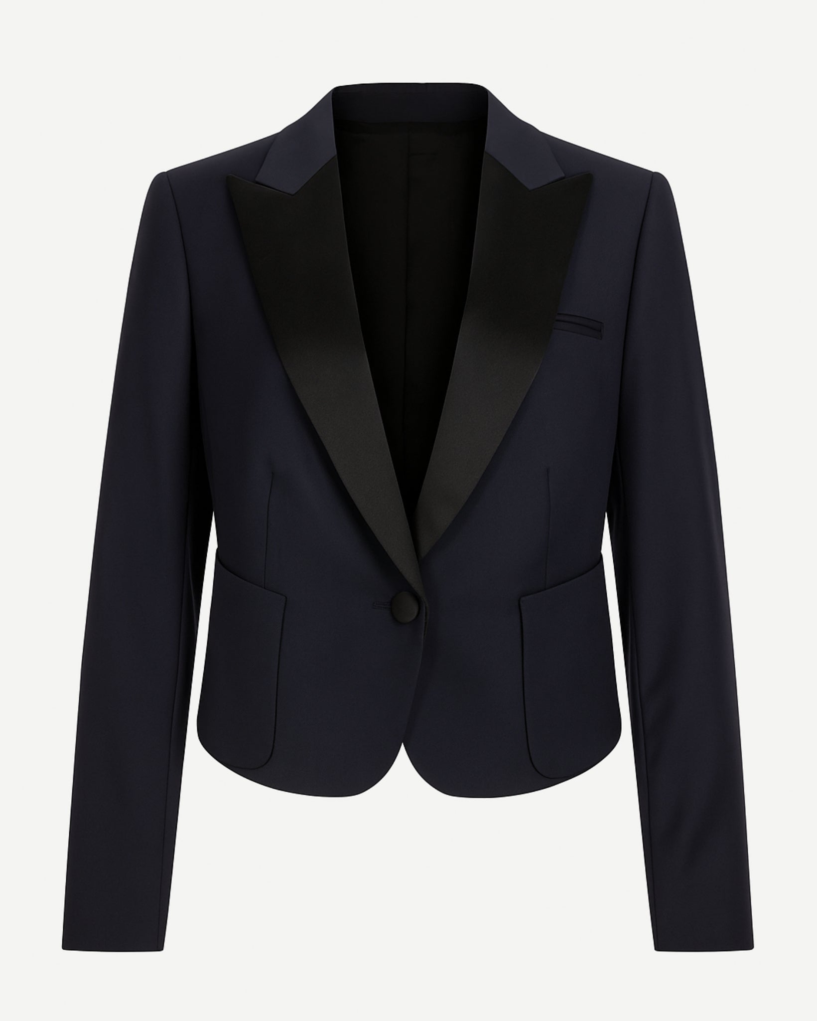 Tailory navy cropped tuxedo blazer with satin lapels front view