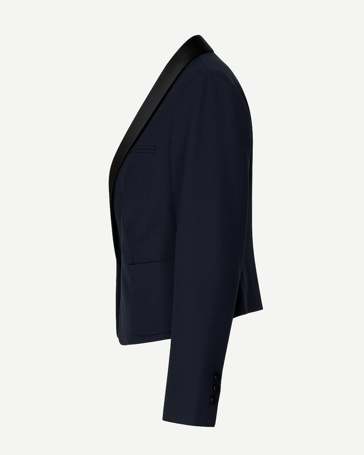 Tailory navy cropped tuxedo blazer with satin lapels side view
