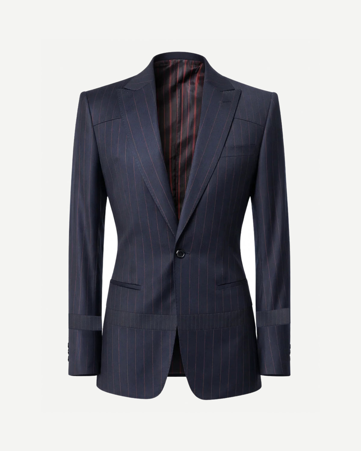 Tailory navy pinstriped blazer with notch lapels front view