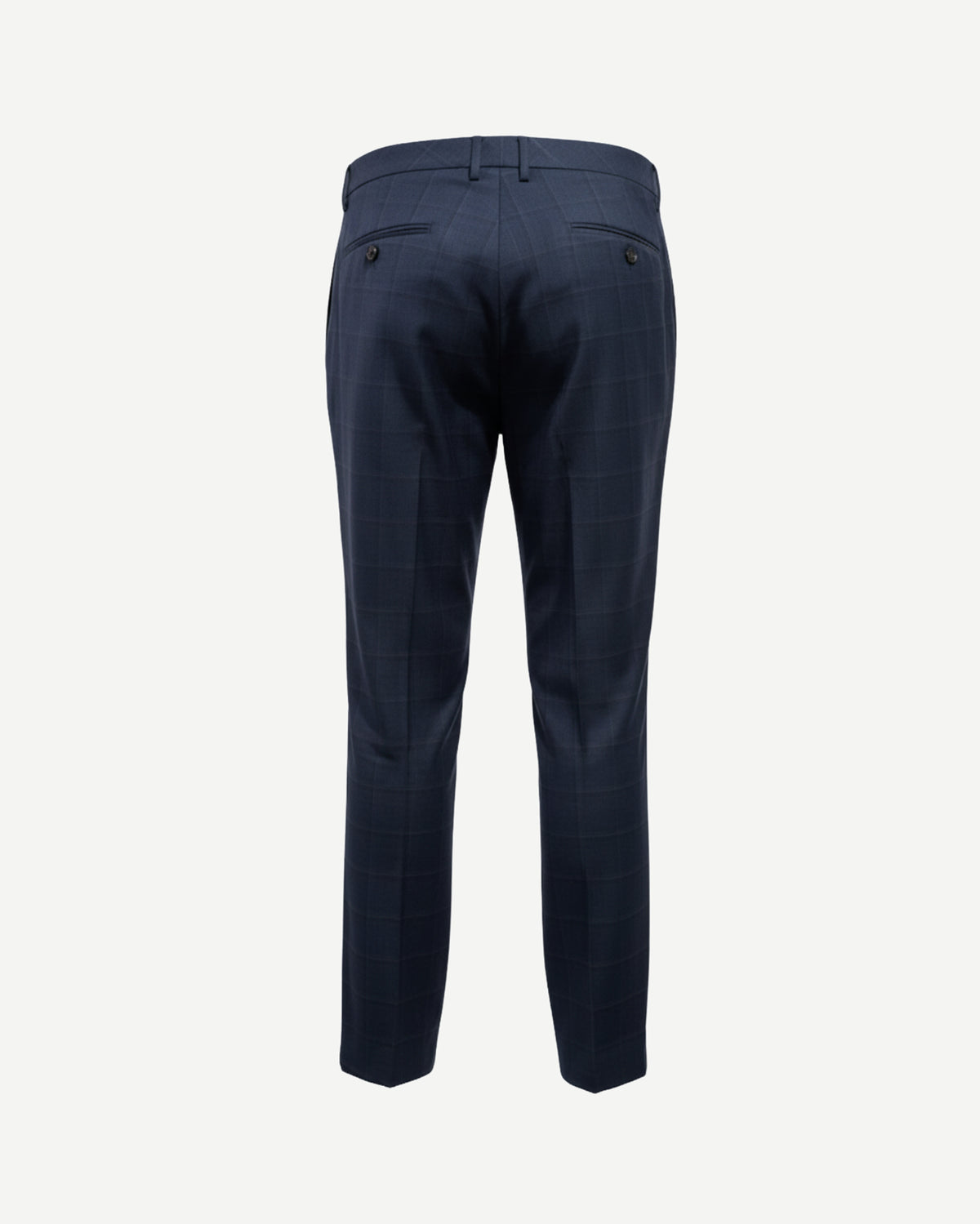 Back view of the Navy Tonal Plaid Cropped Suit Trousers showcasing a slim tailored cut in deep navy with subtle plaid detail, featuring buttoned rear welt pockets for refined tailoring.