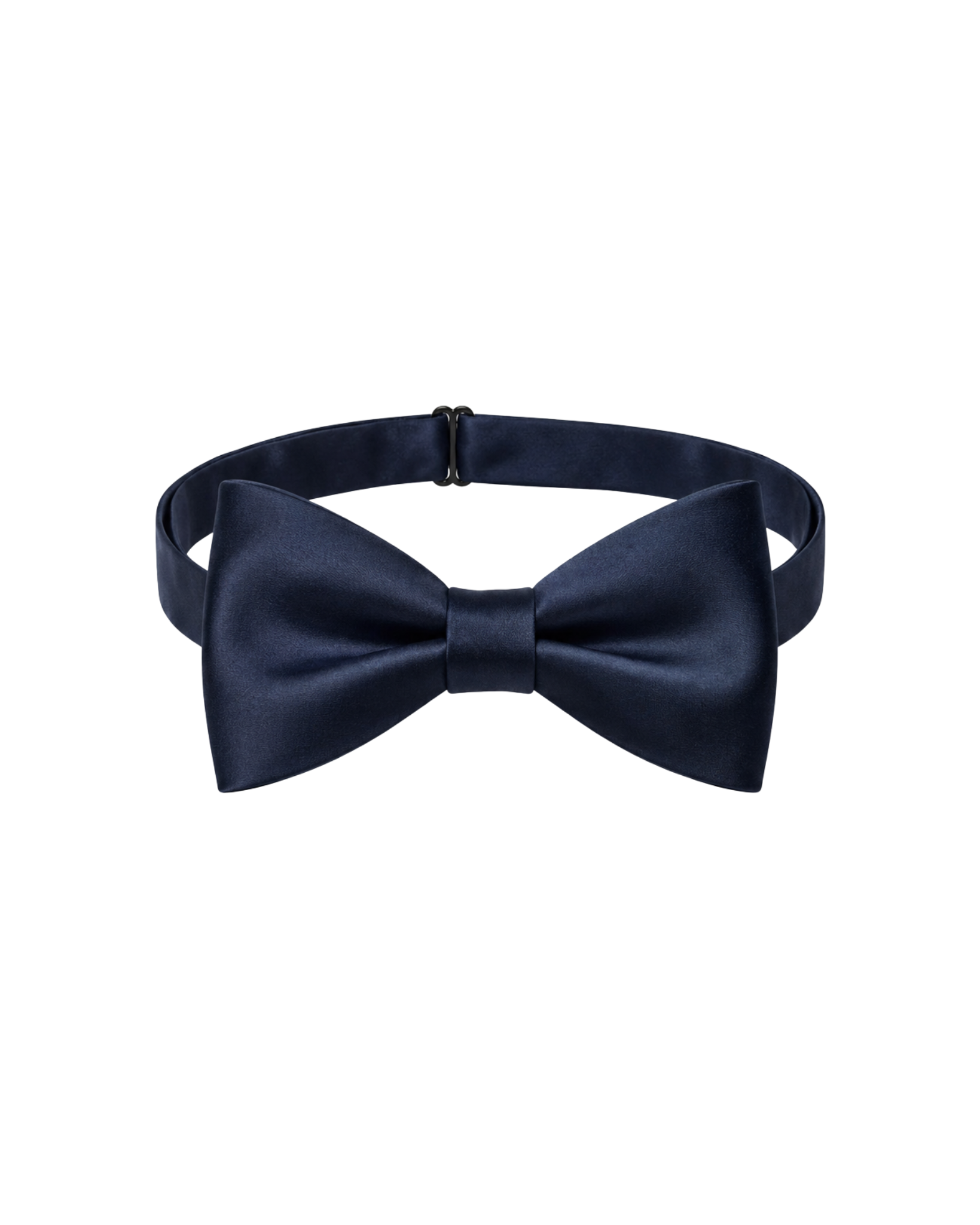 Front view of navy satin pre-tied bow tie with structured butterfly shape and adjustable neck strap