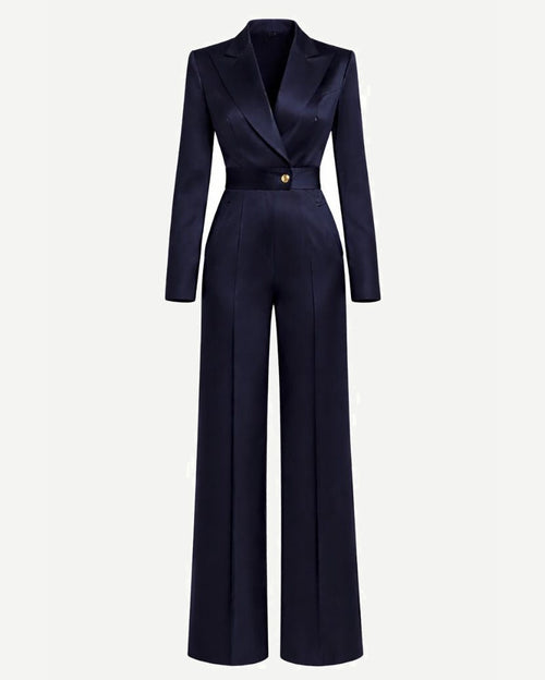 Tailory navy silk satin tailored jumpsuit with peak lapels front view