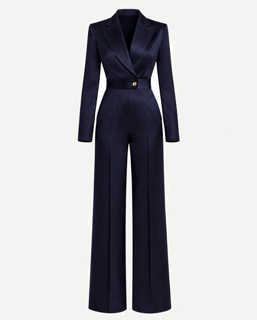 Tailory navy silk satin tailored jumpsuit with peak lapels front view