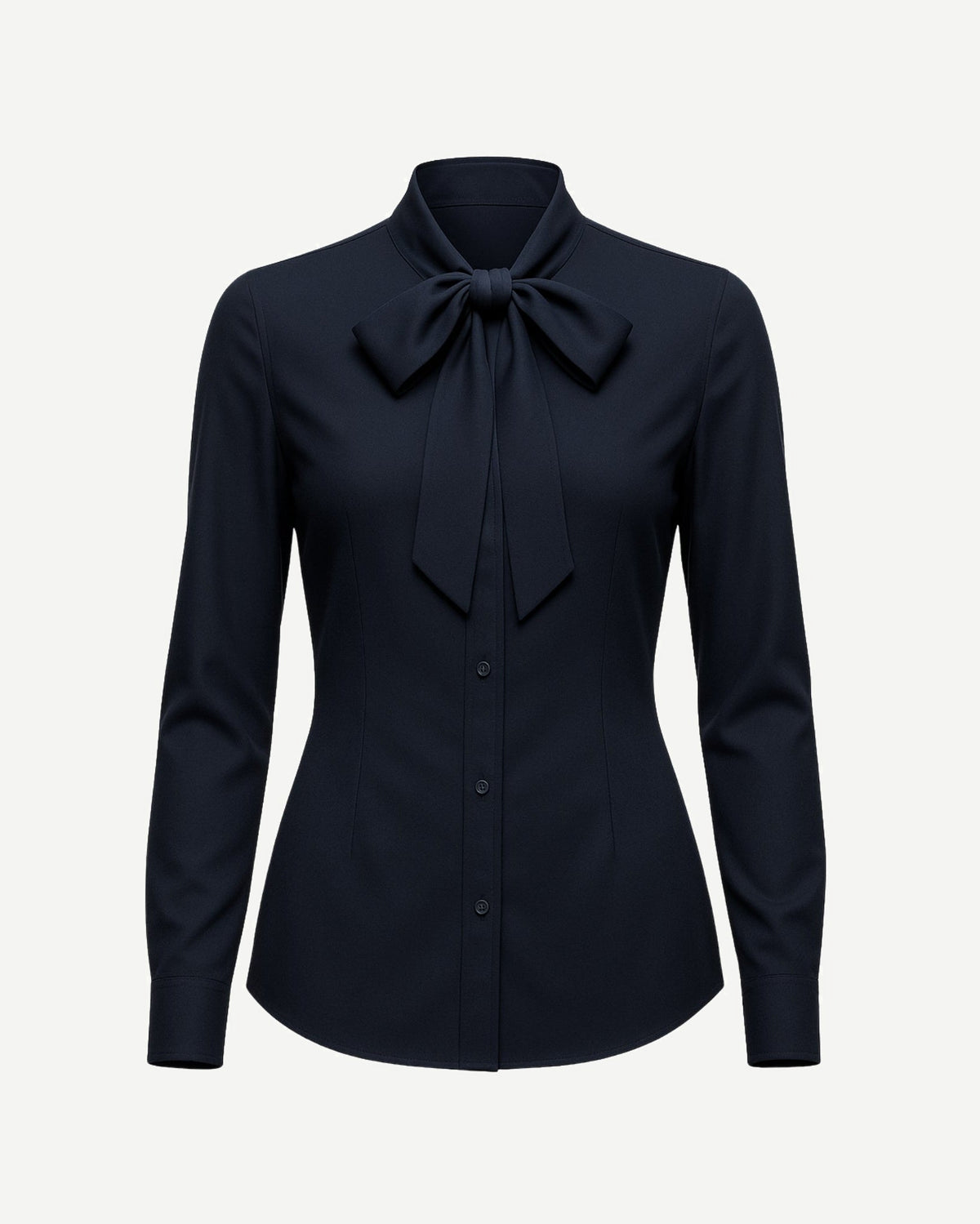 Tailory navy vegan pussy bow blouse front view