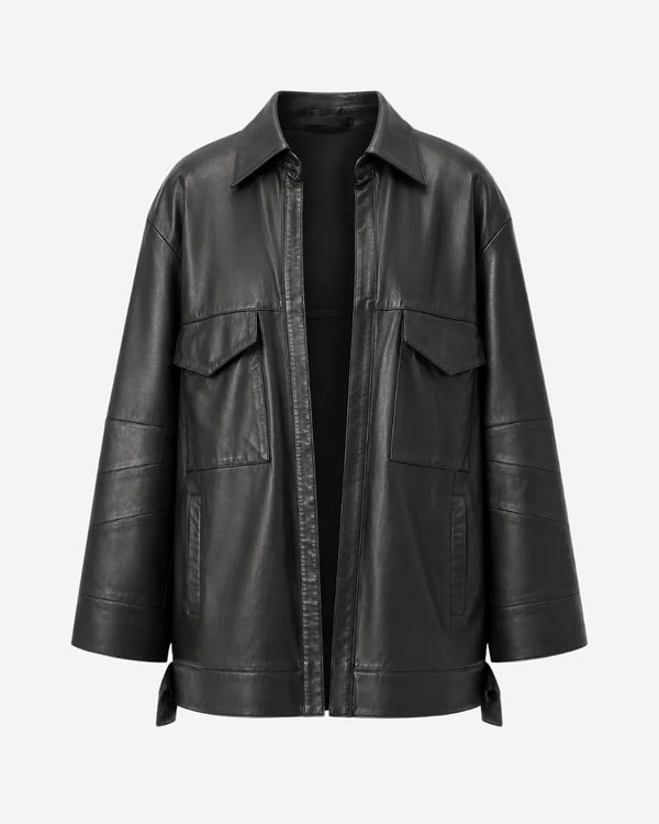 A black leather jacket with a collar, front zipper, and flap chest pockets, shown on a plain light gray background.