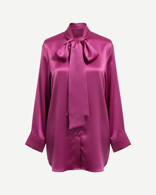 Tailory pink satin oversized scarf-neck shirt front view