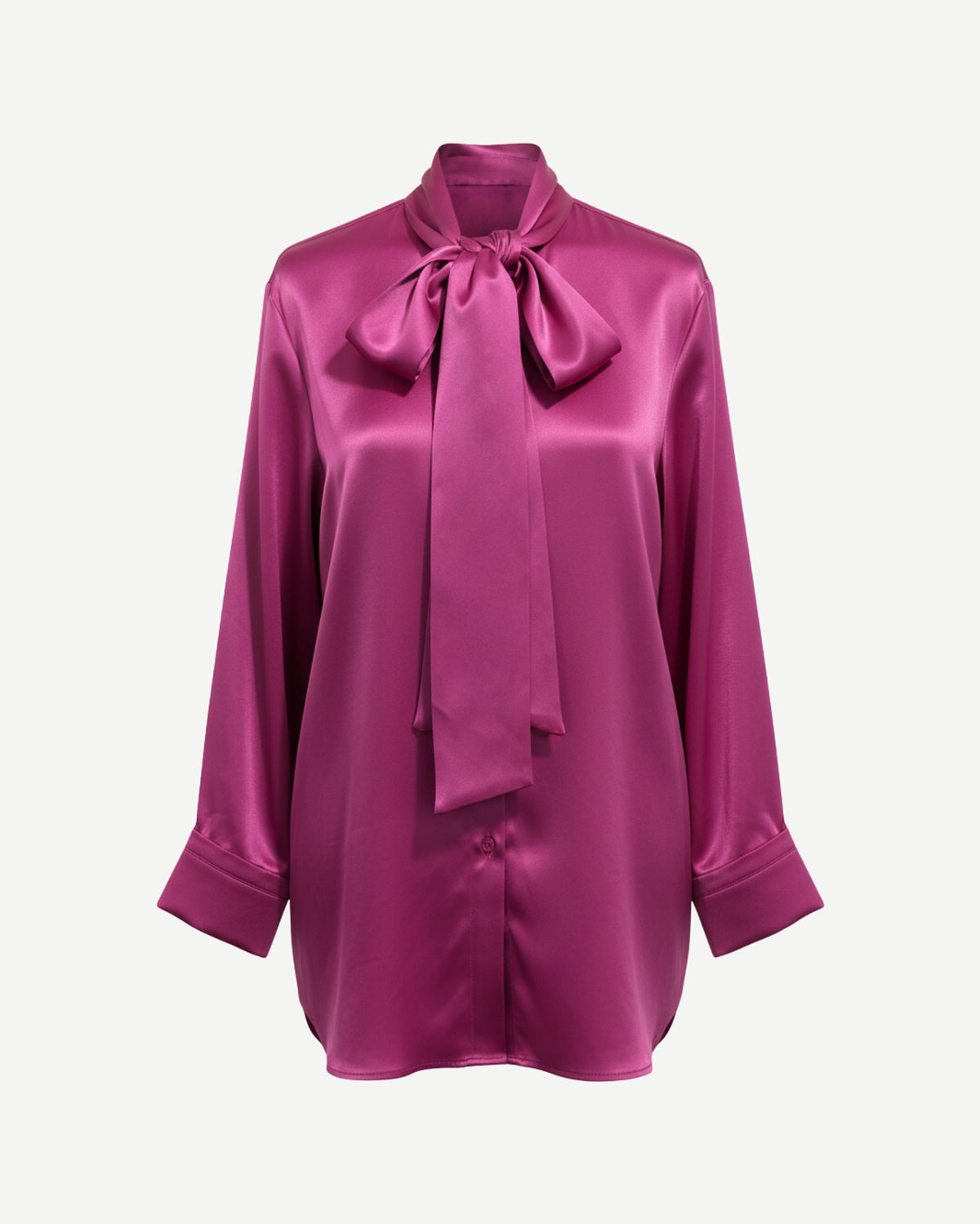 Tailory pink satin oversized scarf-neck shirt front view