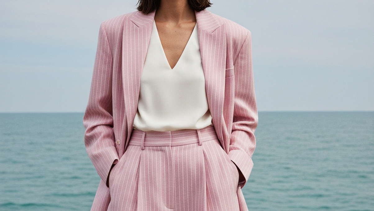 Woman in a pink pinstripe suit standing by a body of water, with close-up details of the outfit.