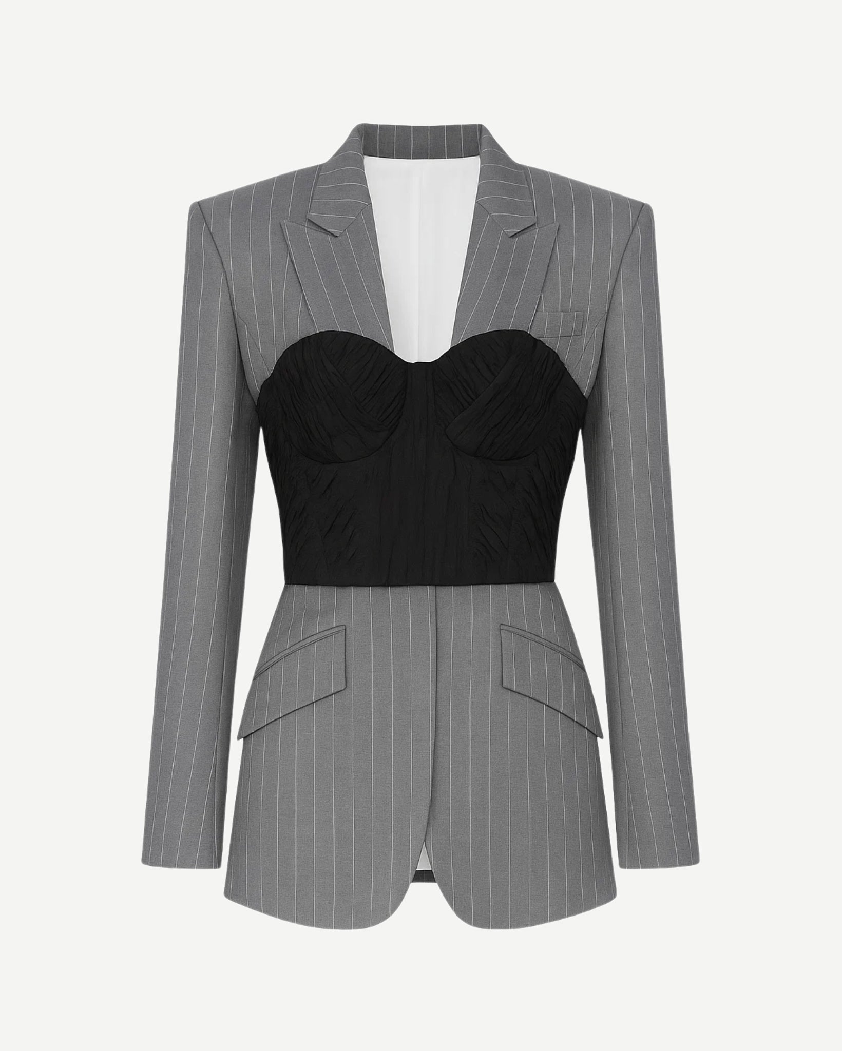 Tailory grey pinstripe sculpted corset blazer front view