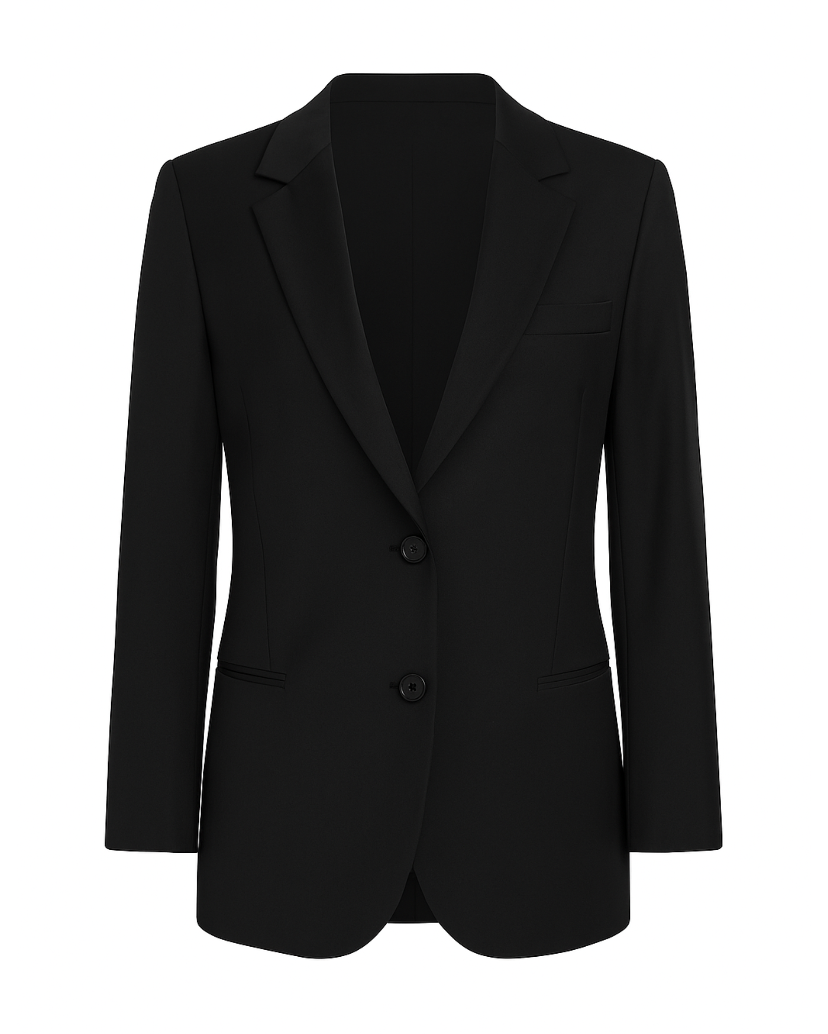 SAMPLE SALE | Notch Lapel Black Blazer featuring a sleek tailored silhouette with classic notch lapels, two-button closure, and refined pocket details for timeless formal evening wear.