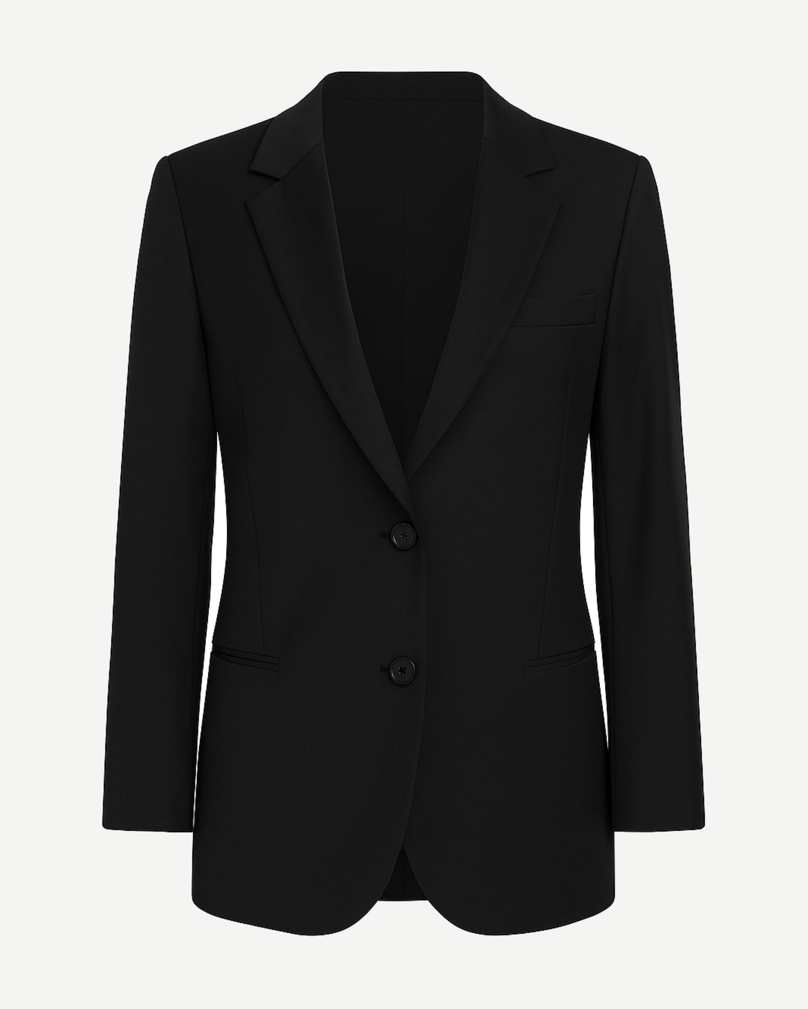 SAMPLE SALE | Notch Lapel Black Blazer featuring a sleek tailored silhouette with classic notch lapels, two-button closure, and refined pocket details for timeless formal evening wear.