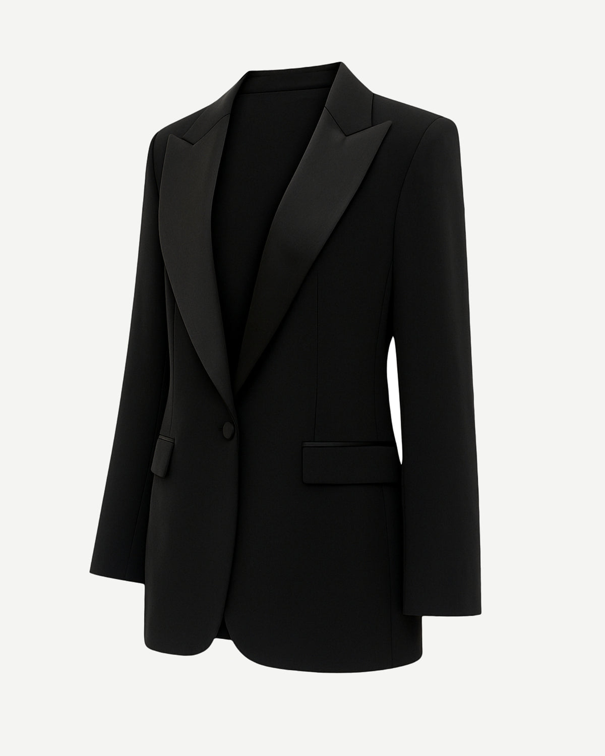 SAMPLE SALE | Notch Lapel Black Blazer featuring a single-button closure, sleek tailored fit, and satin-edged notch lapels for refined gender-neutral suiting and formal evening wear.