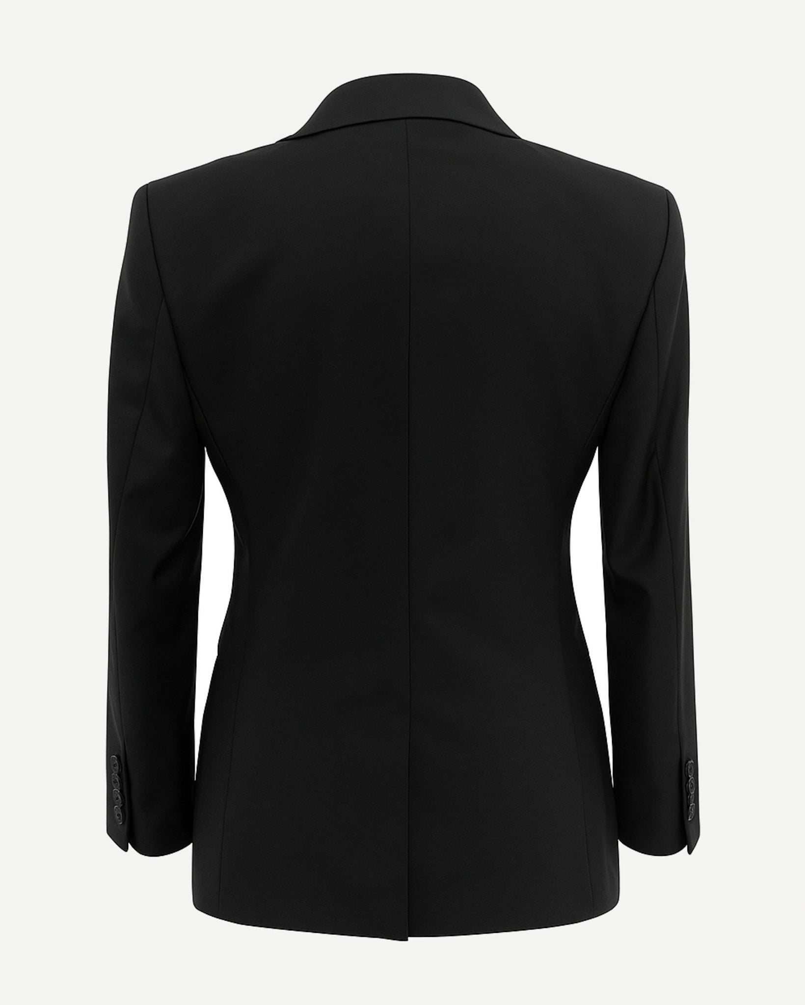 SAMPLE SALE | Notch Lapel Black Blazer shown from the back, featuring a tailored fit with structured shoulders and a single vent for sleek, gender-neutral formal suiting.