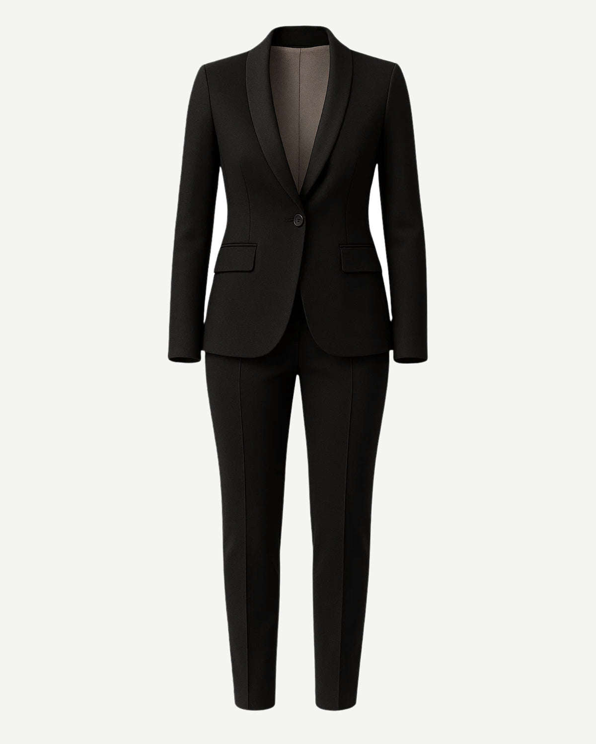 PRE-LOVED | Women's Black Fitted Wedding Suit featuring a sleek single-button blazer with a subtle shawl collar and tailored slim trousers, crafted in luxurious black fabric for a refined bridal look.