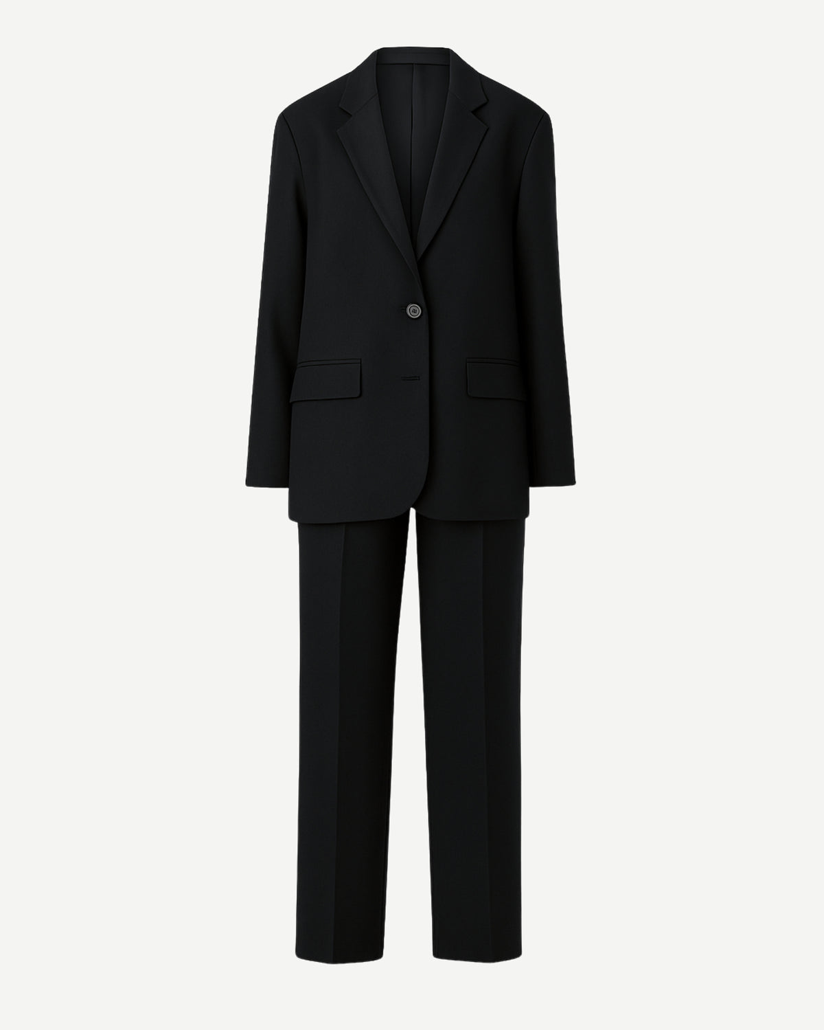 PRE-LOVED | Women's Black Oversized Wedding Suit featuring a relaxed single-button blazer with notched lapels and flap pockets, paired with straight-leg tailored trousers in a sleek black fabric.